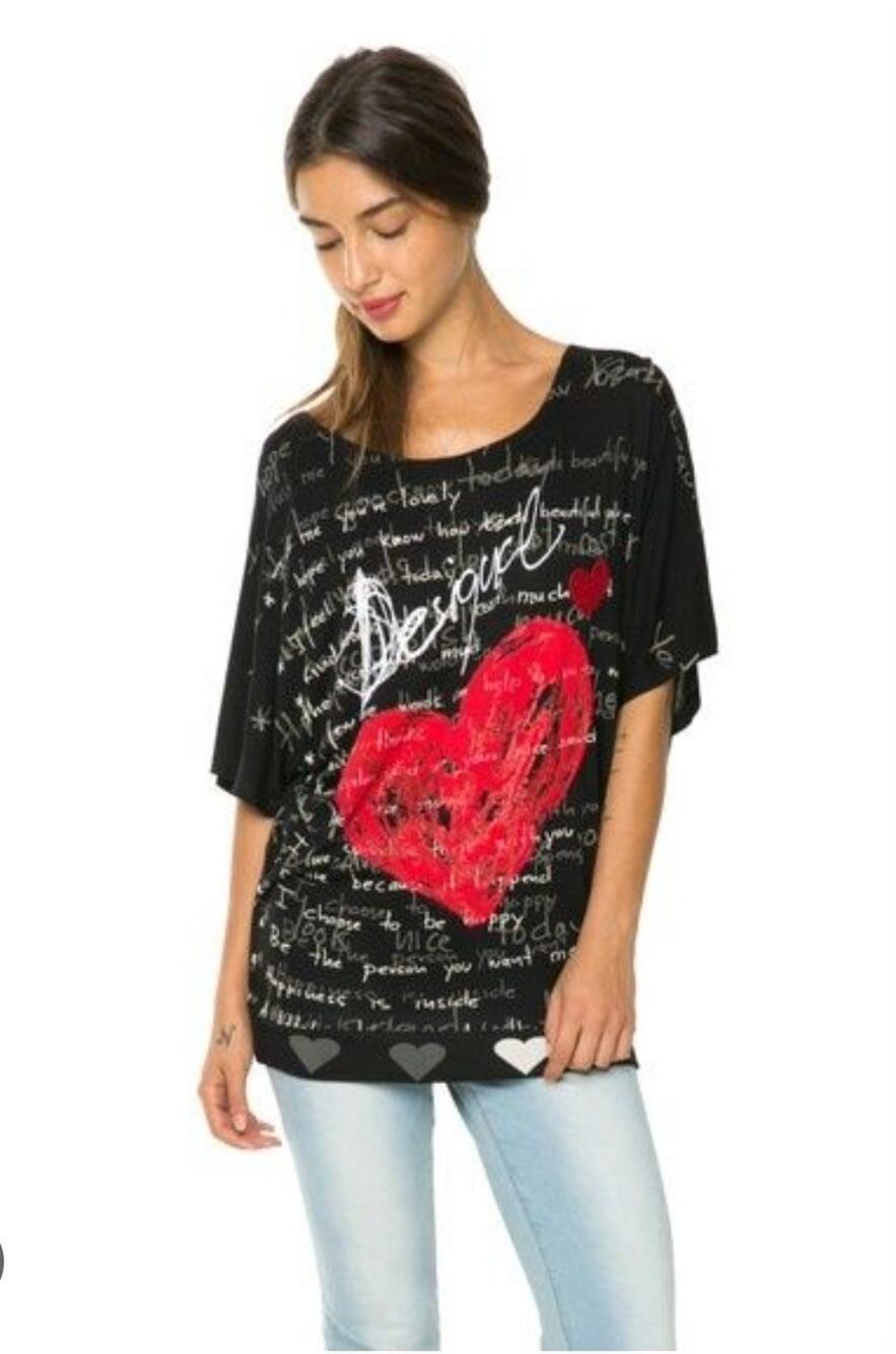 Desigual Black Red Heart Slouchy Shirt Sleeve Top Large